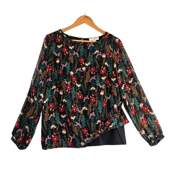 Floral Blouse Black Multi Color Nine West S Long Sheer Sleeve Lined Body Career - Picture 1 of 13
